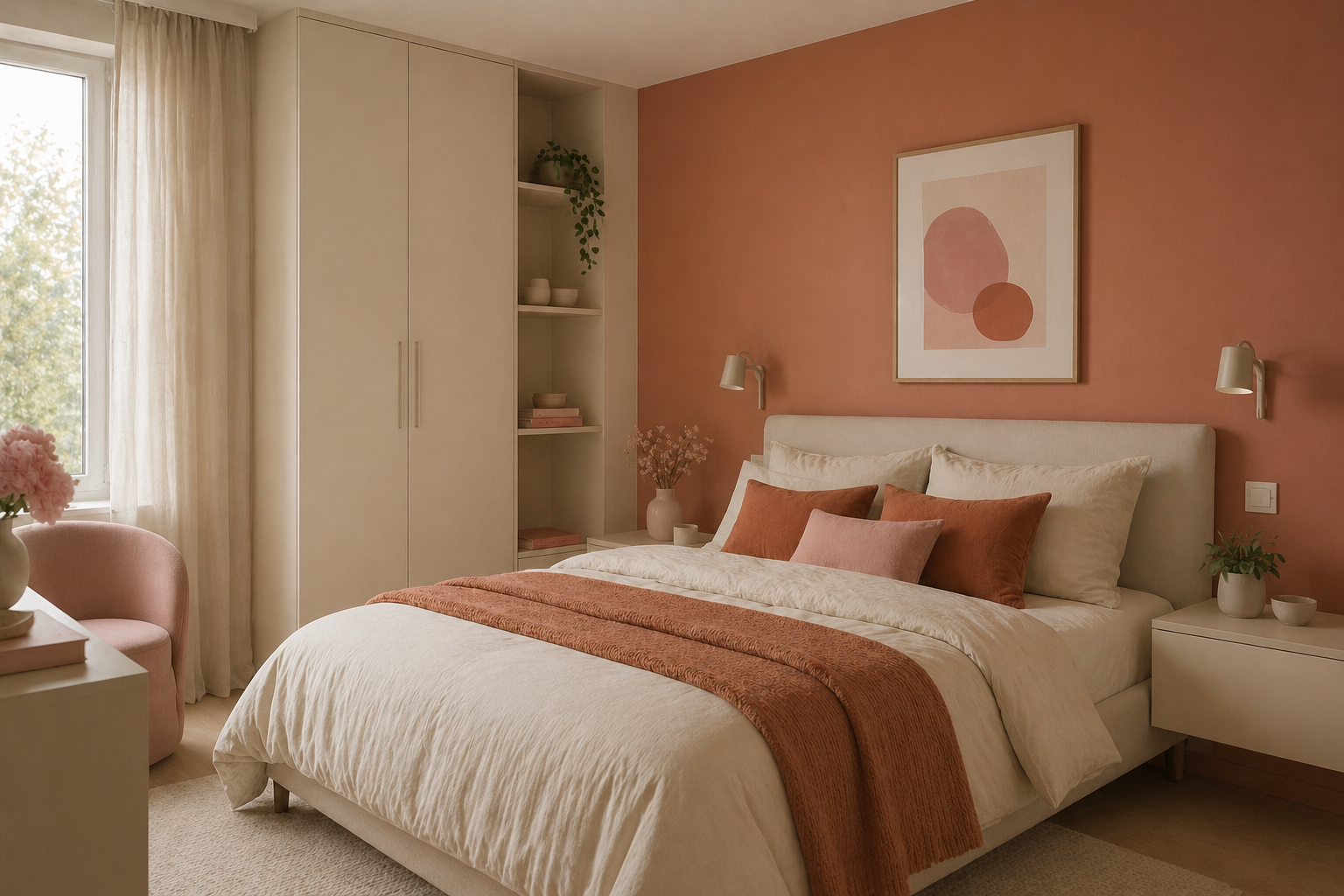 Muur mat in de kleur riad-oranje in de slaapkamer